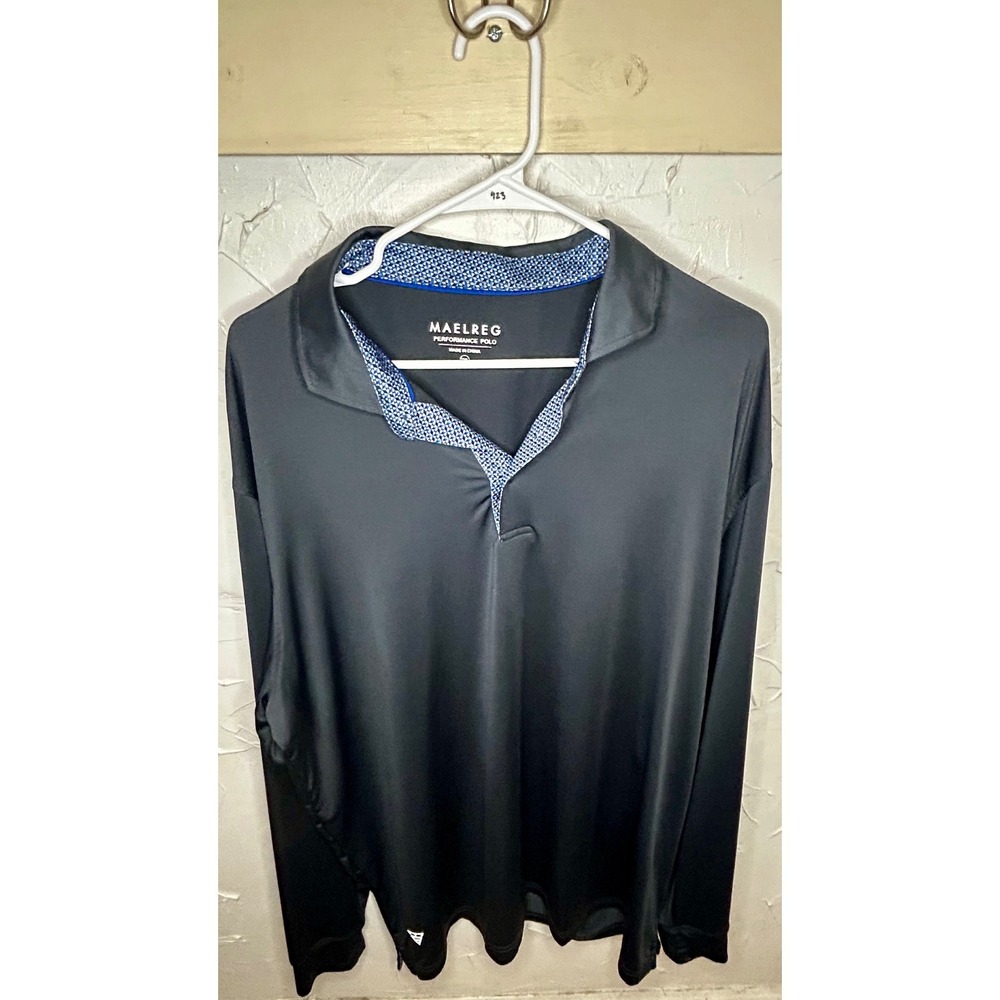 Maelreg Performance Polo Mens 2XL Navy Long Sleeve Golf Shirt Geometric Trim